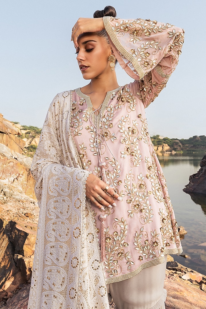 Grey Georgette Layered Wedding Sharara Set by Nandita Thirani at Pernia's Pop Up Shop