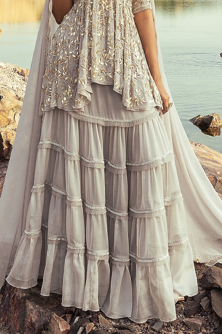 Grey Chiffon Couching Skirt Set by Nandita Thirani at Pernia's Pop Up Shop