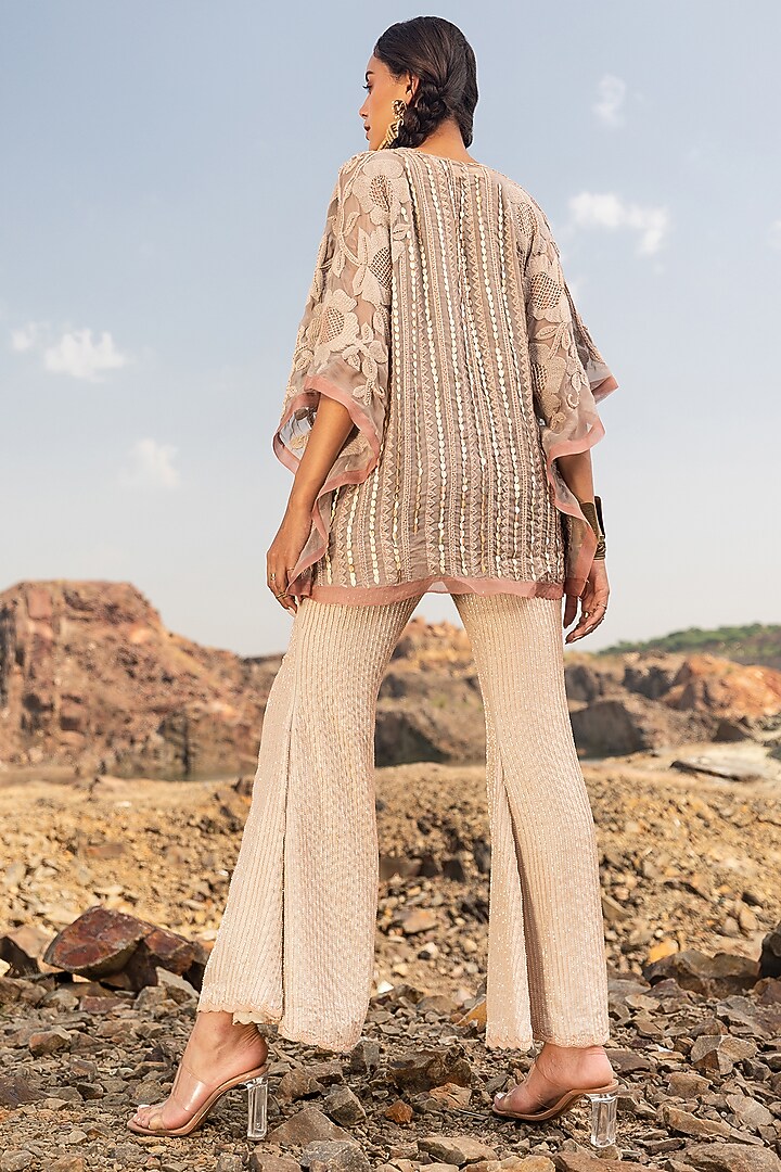 Cream & Grey Georgette Sequins Embroidered Kaftan Set by Nandita Thirani at Pernia's Pop Up Shop