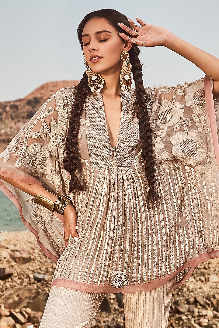 Cream & Grey Georgette Sequins Embroidered Kaftan Set by Nandita Thirani at Pernia's Pop Up Shop