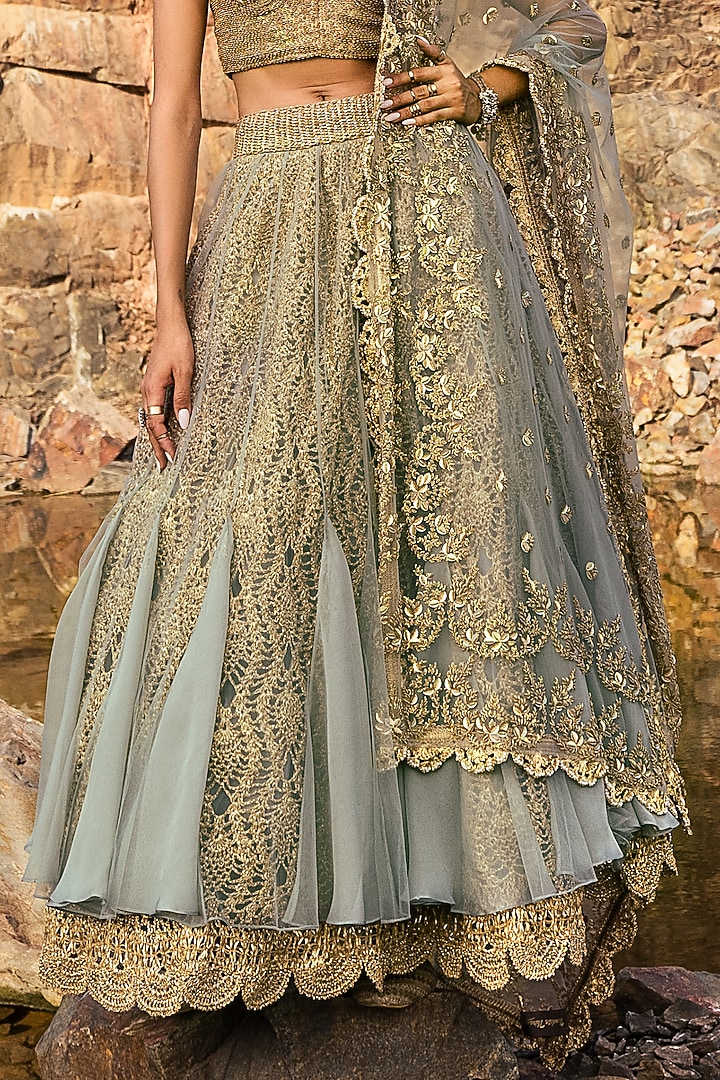 Powder Blue & Gold Organza Bridal Lehenga Set by Nandita Thirani at Pernia's Pop Up Shop