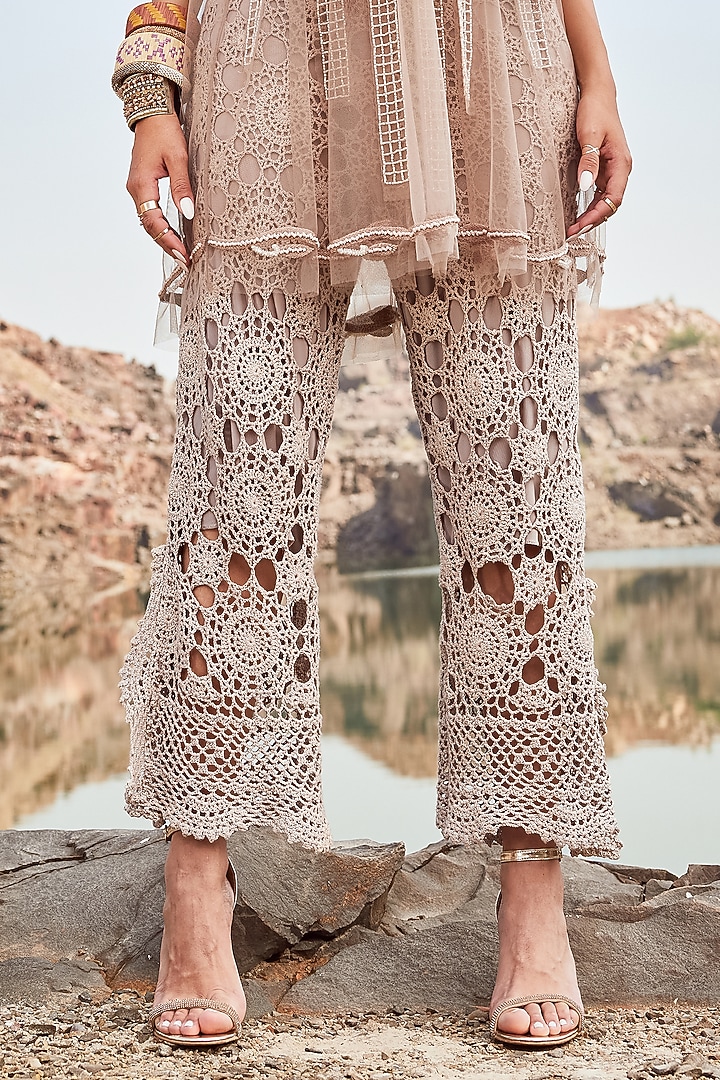 Beige Tulle Thread Embroidered Tunic Set by Nandita Thirani at Pernia's Pop Up Shop