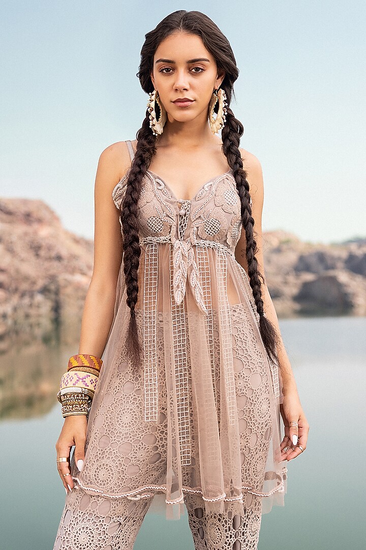 Beige Tulle Thread Embroidered Tunic Set by Nandita Thirani at Pernia's Pop Up Shop