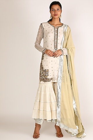 White Zardosi Embroidered Sharara Set by Nandita Thirani