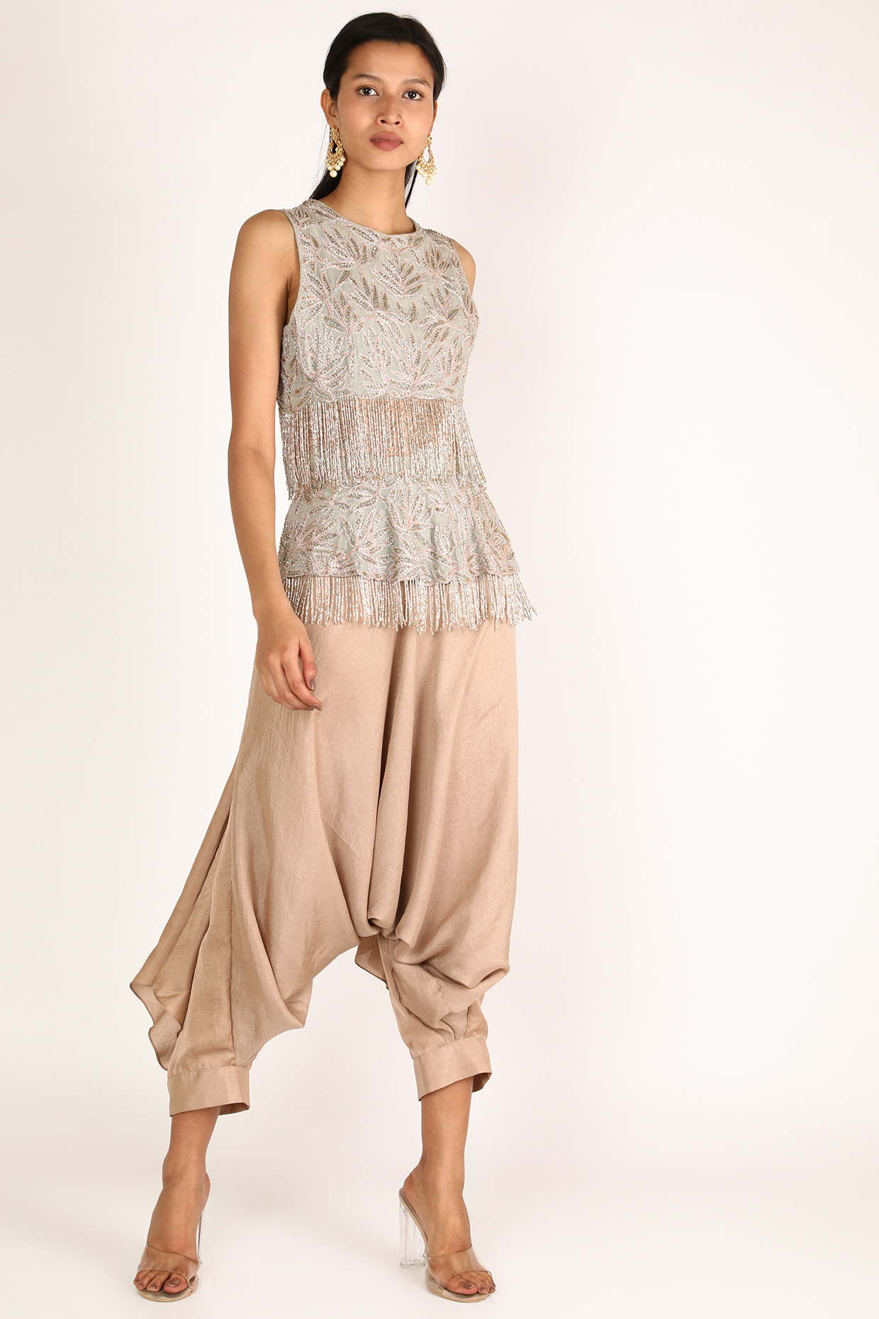 Dusty Blue & Beige Embroidered Pant Set by Nandita Thirani