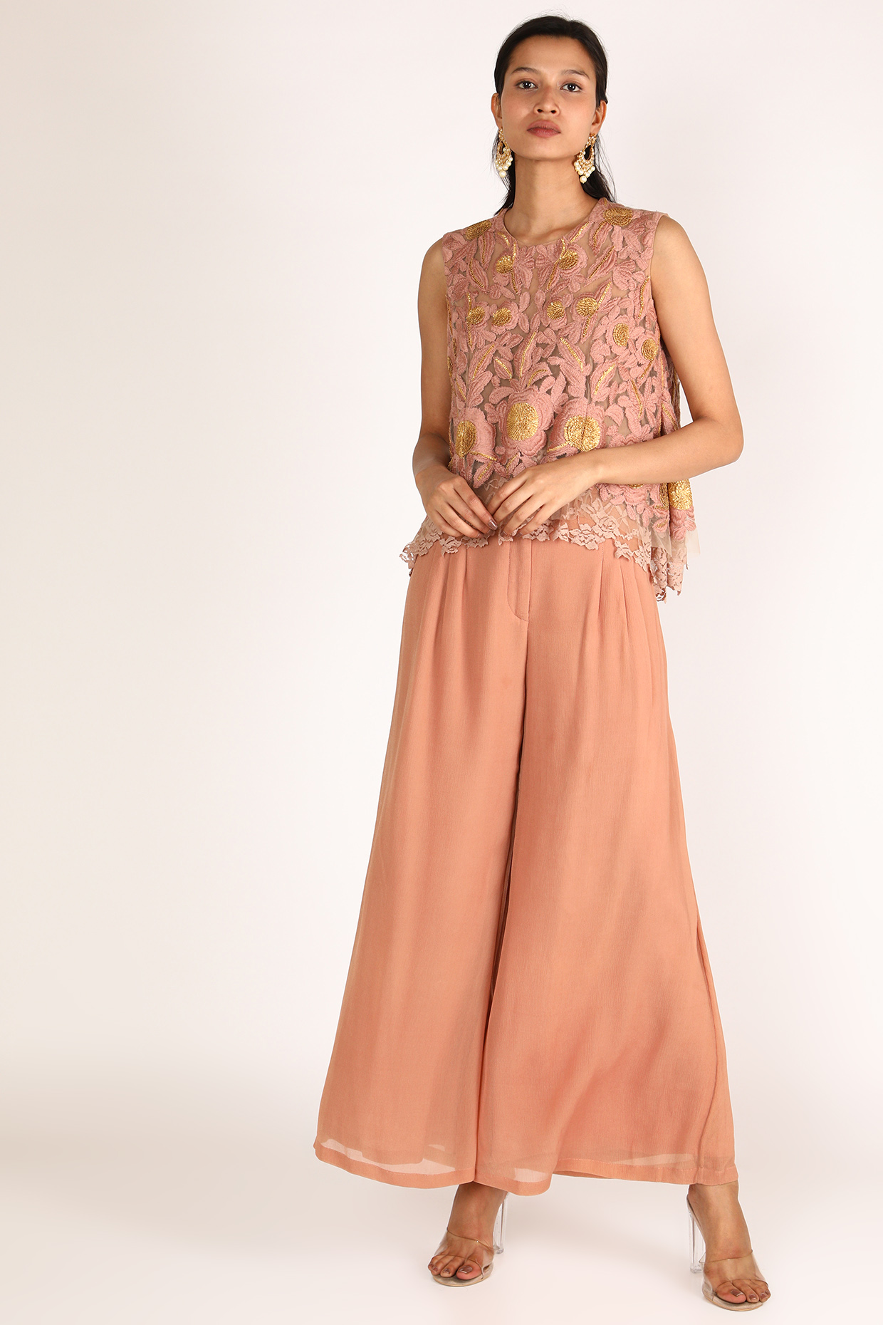 Coral Embroidered Party Wear Sharara Set by Nandita Thirani at Pernia's Pop Up Shop