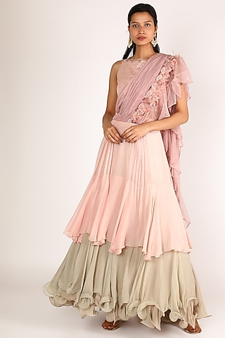 Pink & Beige Embroidered Ruffled Lehenga Set by Nandita Thirani