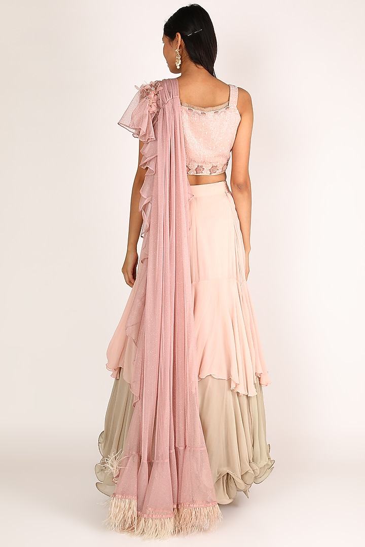 Pink & Beige Embroidered Ruffled Wedding Lehenga Set by Nandita Thirani at Pernia's Pop Up Shop