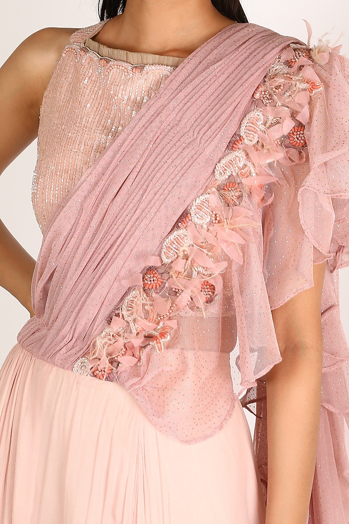Pink & Beige Embroidered Ruffled Wedding Lehenga Set by Nandita Thirani at Pernia's Pop Up Shop