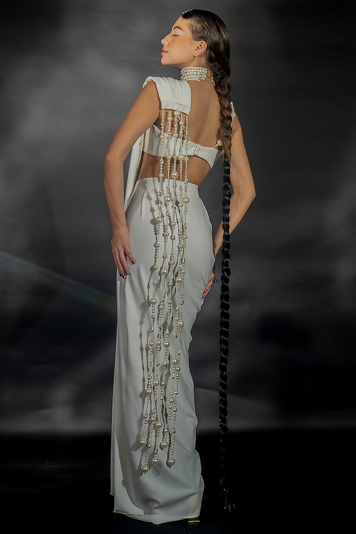 White Volvo Pearl String Embroidered Pre-Stitched Wedding Saree Set by Nikhil Thampi at Pernia's Pop Up Shop