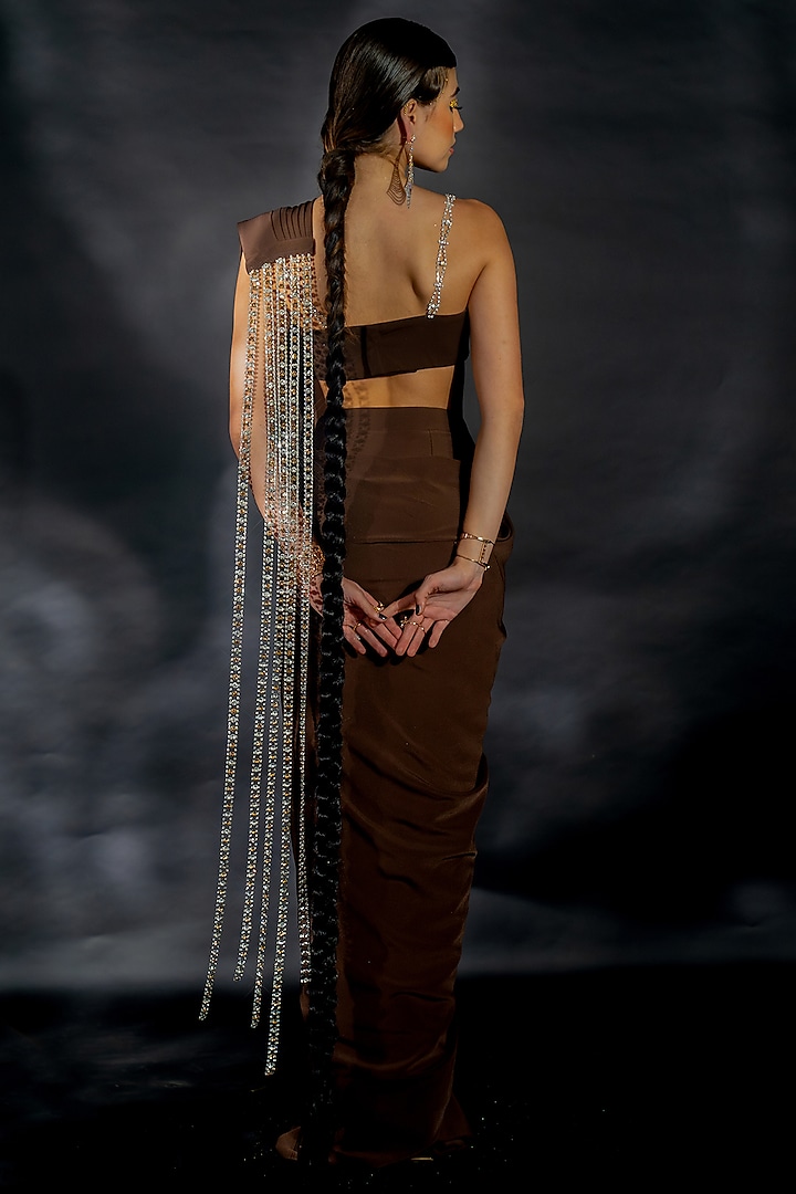 Cocoa Brown Volvo Diamond String Embroidered Pre-Stitched Wedding Saree Set by Nikhil Thampi at Pernia's Pop Up Shop