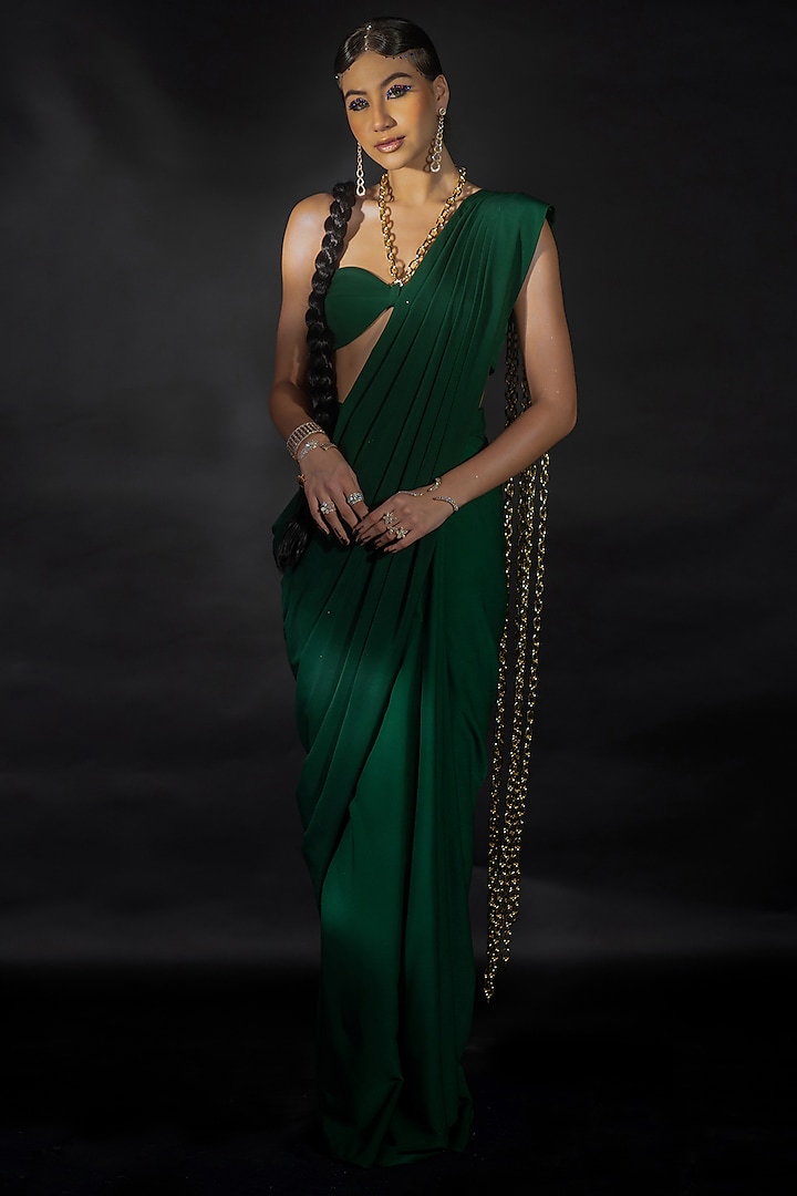 Emerald Green Volvo Gold Chain String Embroidered Pre-Stitched Saree Set by Nikhil Thampi