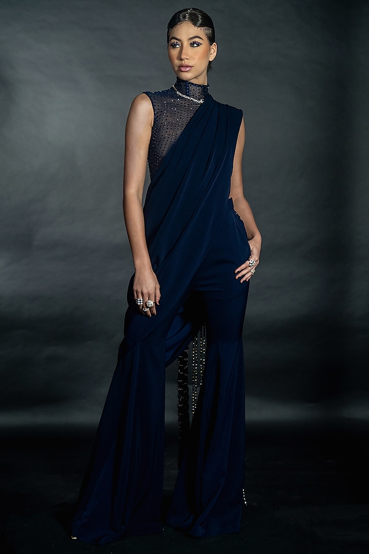 Midnight Blue Volvo Bead String Embroidered Pant Saree Set by Nikhil Thampi