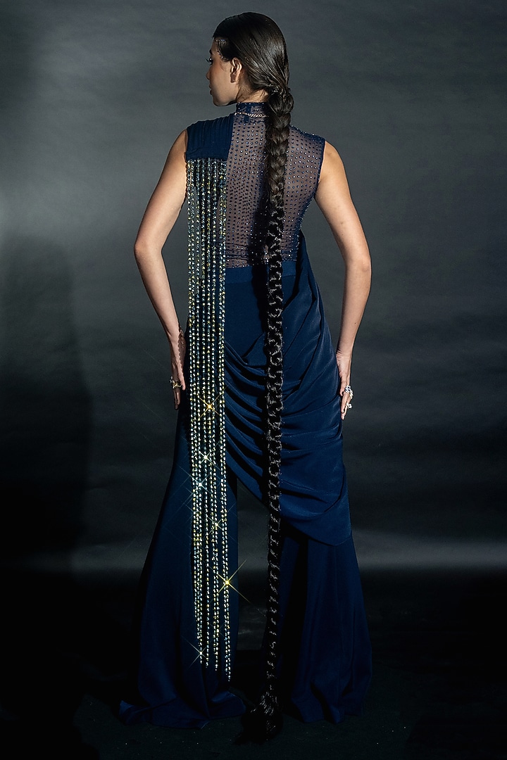 Midnight Blue Volvo Bead String Embroidered Pant Wedding Saree Set by Nikhil Thampi at Pernia's Pop Up Shop
