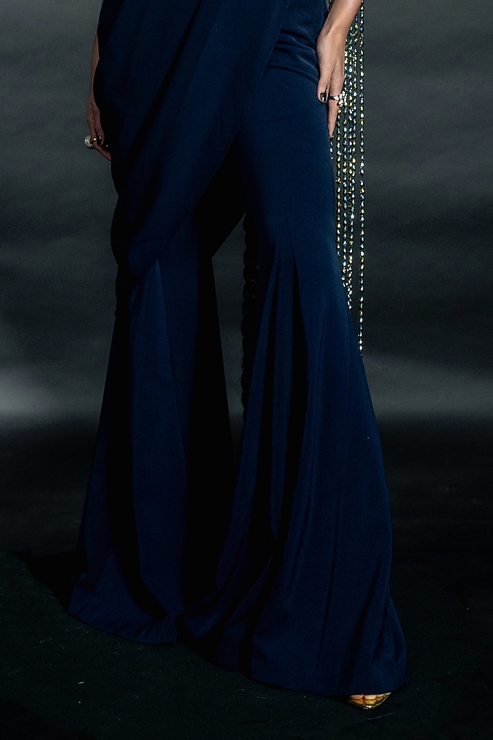 Midnight Blue Volvo Bead String Embroidered Pant Wedding Saree Set by Nikhil Thampi at Pernia's Pop Up Shop