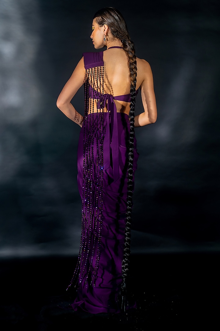 Purple Volvo Bead String Embroidered Pre-Stitched Wedding Saree Set by Nikhil Thampi at Pernia's Pop Up Shop