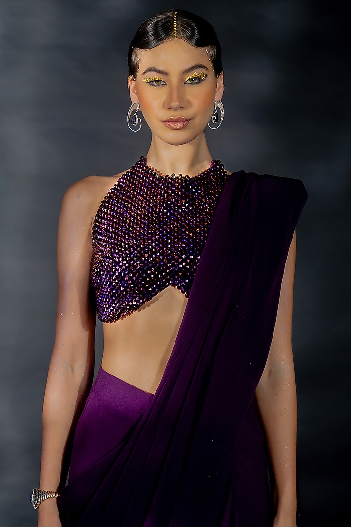 Purple Volvo Bead String Embroidered Pre-Stitched Wedding Saree Set by Nikhil Thampi at Pernia's Pop Up Shop