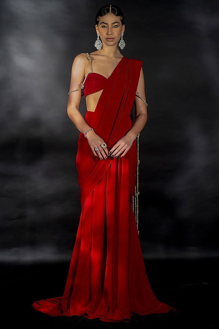 Red Volvo Crystal String Embroidered Pre-Stitched Saree Set by Nikhil Thampi