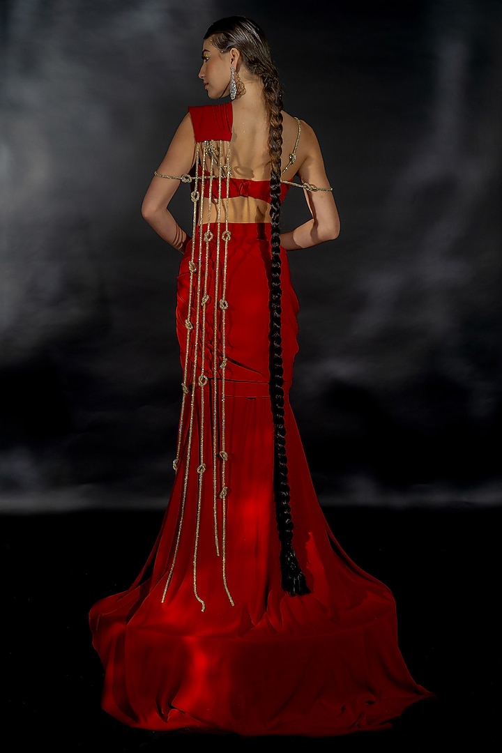 Red Volvo Crystal String Embroidered Pre-Stitched Wedding Saree Set by Nikhil Thampi at Pernia's Pop Up Shop