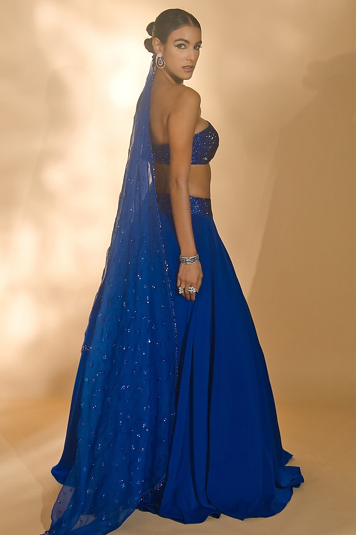 Blue Volvo & Organza Wedding Lehenga Set by Nikhil Thampi at Pernia's Pop Up Shop