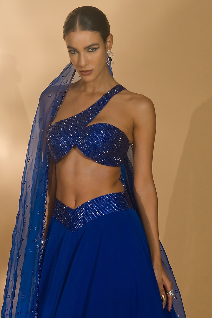 Blue Volvo & Organza Wedding Lehenga Set by Nikhil Thampi at Pernia's Pop Up Shop