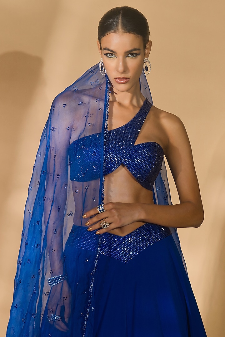 Blue Volvo & Organza Wedding Lehenga Set by Nikhil Thampi at Pernia's Pop Up Shop