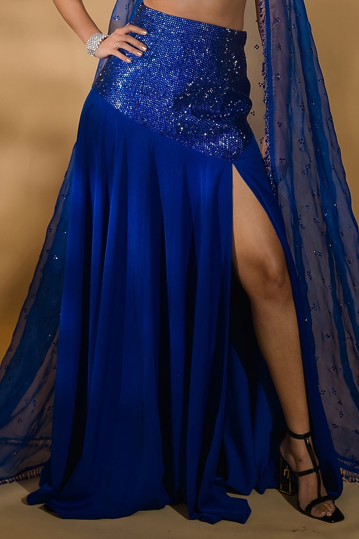 Blue Volvo & Organza Wedding Lehenga Set by Nikhil Thampi at Pernia's Pop Up Shop