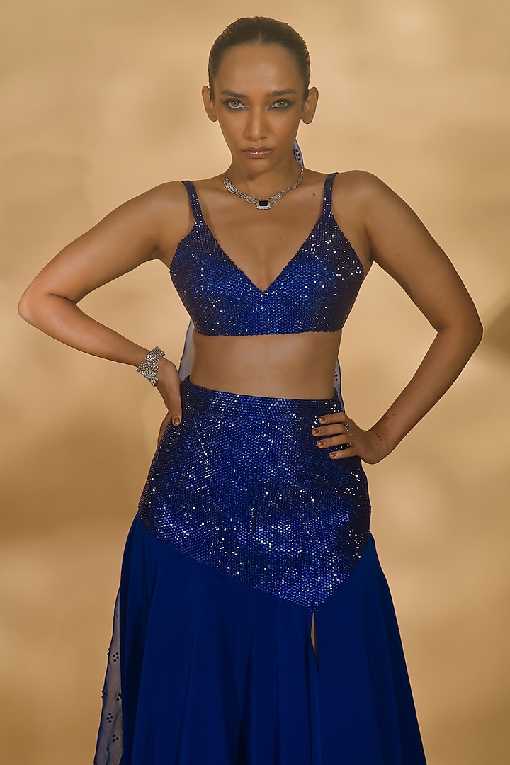 Blue Volvo & Organza Wedding Lehenga Set by Nikhil Thampi at Pernia's Pop Up Shop
