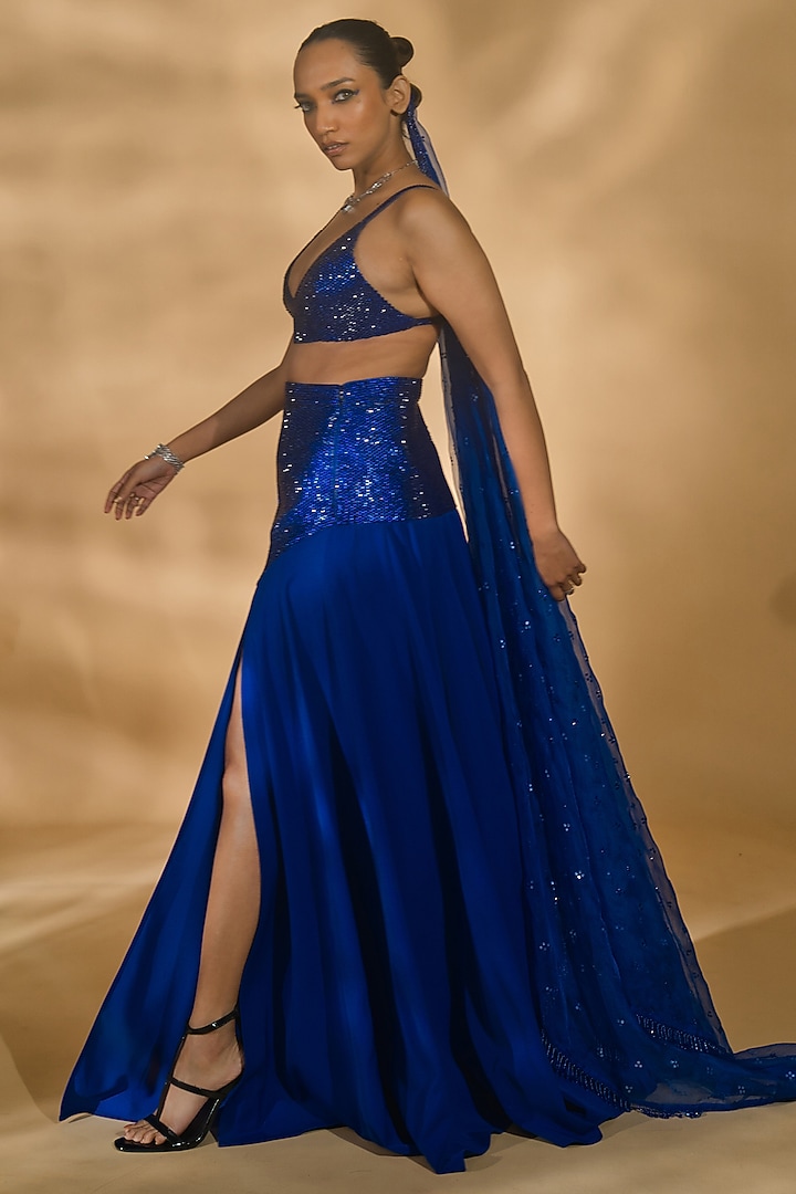 Blue Volvo & Organza Wedding Lehenga Set by Nikhil Thampi at Pernia's Pop Up Shop