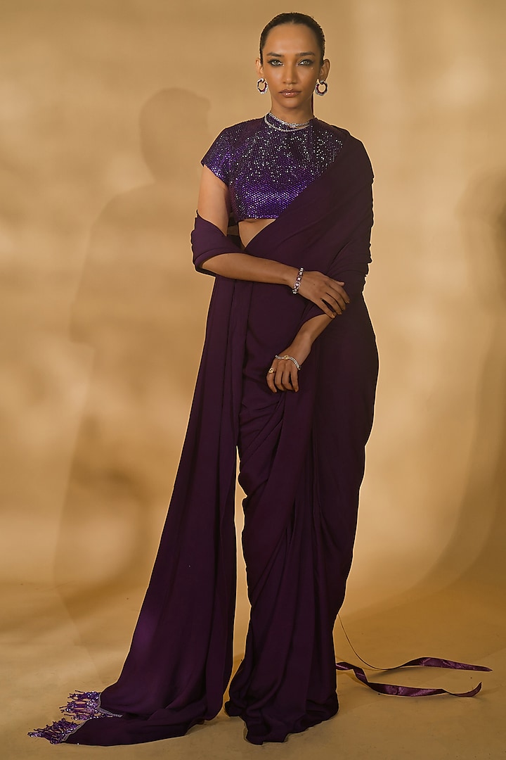 Purple Georgette Pre-Stitched Saree Set by Nikhil Thampi