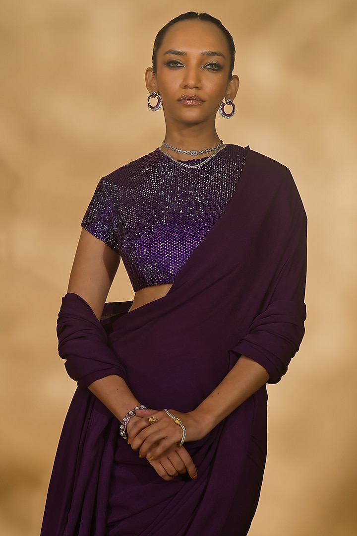 Purple Georgette Pre-Stitched Wedding Saree Set by Nikhil Thampi at Pernia's Pop Up Shop