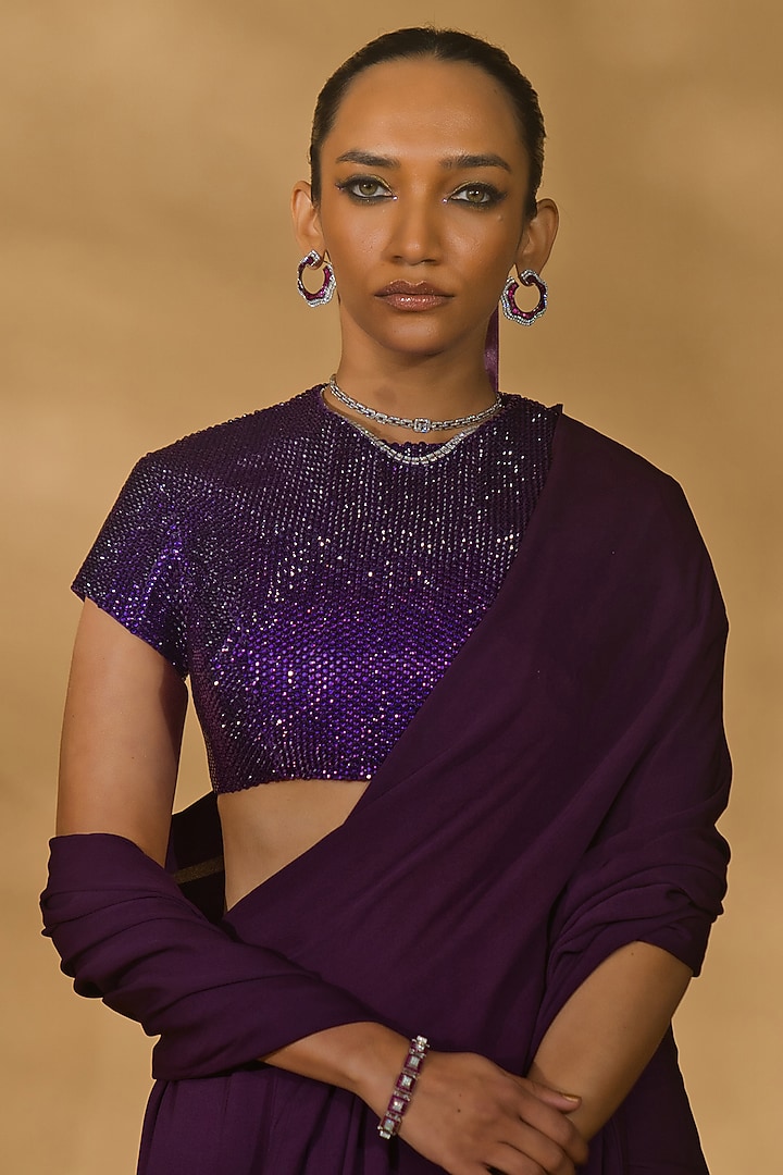 Purple Georgette Pre-Stitched Wedding Saree Set by Nikhil Thampi at Pernia's Pop Up Shop