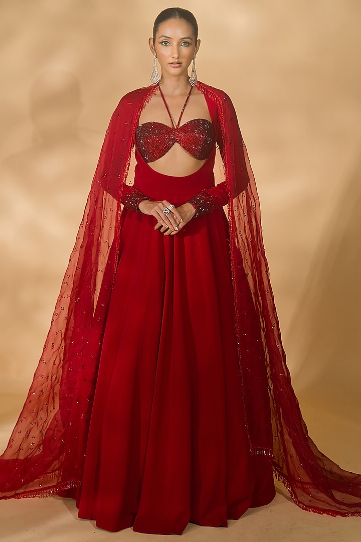 Red Volvo & Organza Anarkali Set by Nikhil Thampi