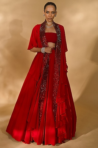 Red Georgette Lehenga Set by Nikhil Thampi