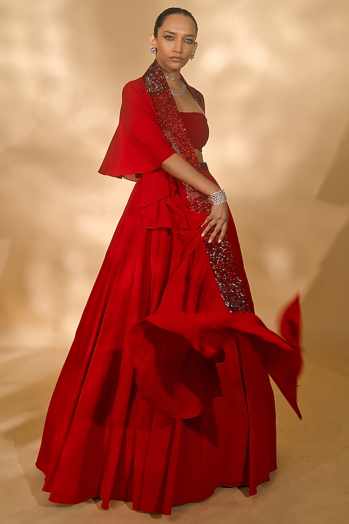 Red Georgette Wedding Lehenga Set by Nikhil Thampi at Pernia's Pop Up Shop