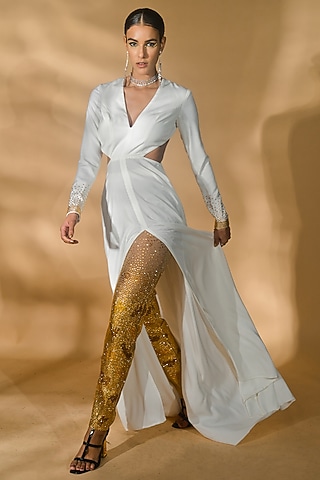 White Volvo & Net Anarkali Set by Nikhil Thampi