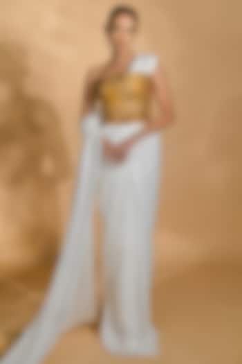 White Georgette Pre-Stitched Saree Set by Nikhil Thampi