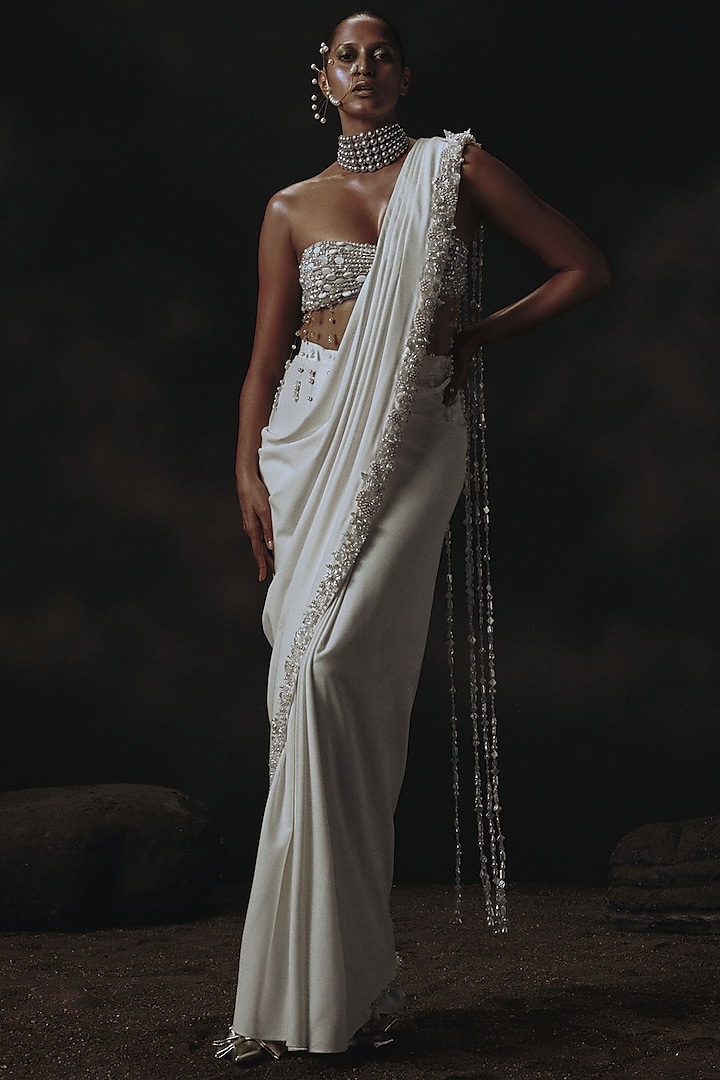 White Volvo Bead Embroidered Pre-Stitched Wedding Saree Set by Nikhil Thampi at Pernia's Pop Up Shop