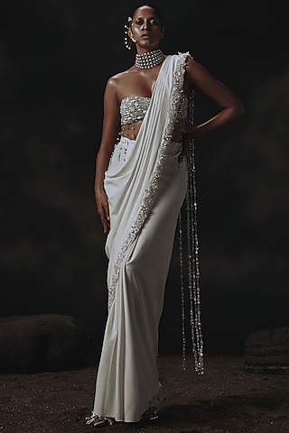 White Volvo Bead Embroidered Pre-Stitched Saree Set by Nikhil Thampi