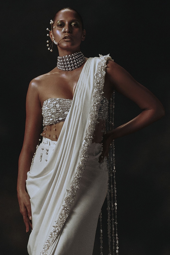 White Volvo Bead Embroidered Pre-Stitched Wedding Saree Set by Nikhil Thampi at Pernia's Pop Up Shop
