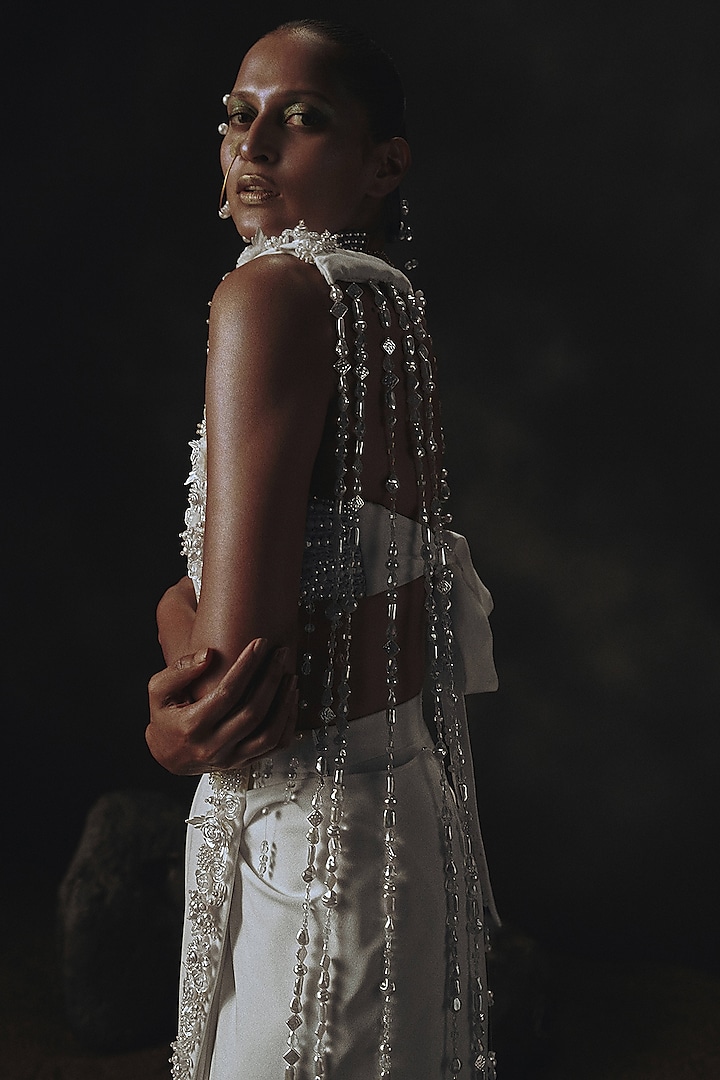 White Volvo Bead Embroidered Pre-Stitched Wedding Saree Set by Nikhil Thampi at Pernia's Pop Up Shop