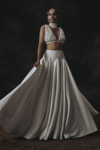 White Volvo Lehenga Set by Nikhil Thampi