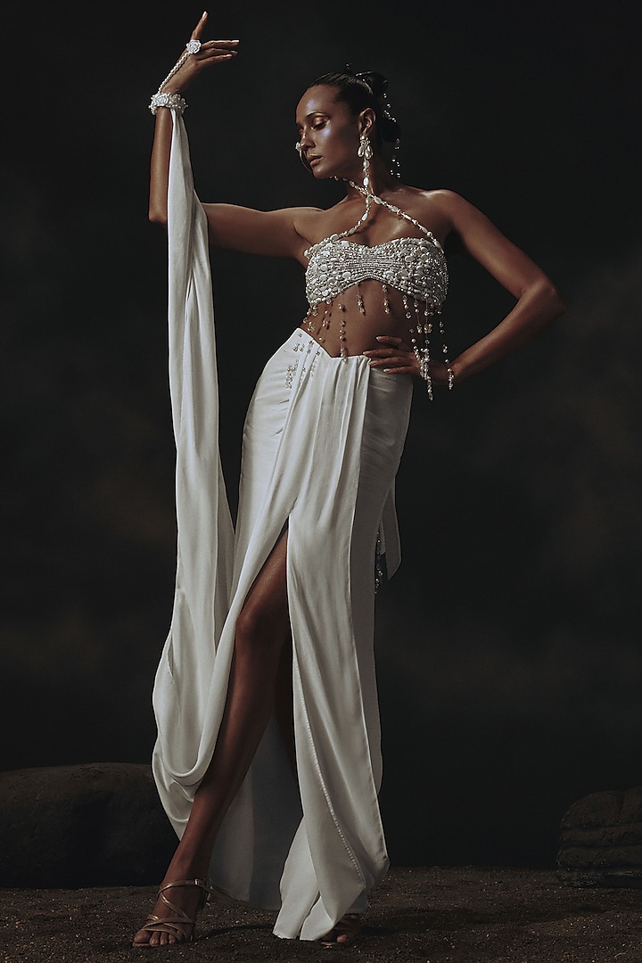 White Crepe Beads Embroidered Draped Skirt Set by Nikhil Thampi at Pernia's Pop Up Shop