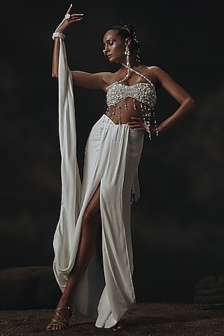 White Crepe Beads Embroidered Draped Skirt Set by Nikhil Thampi
