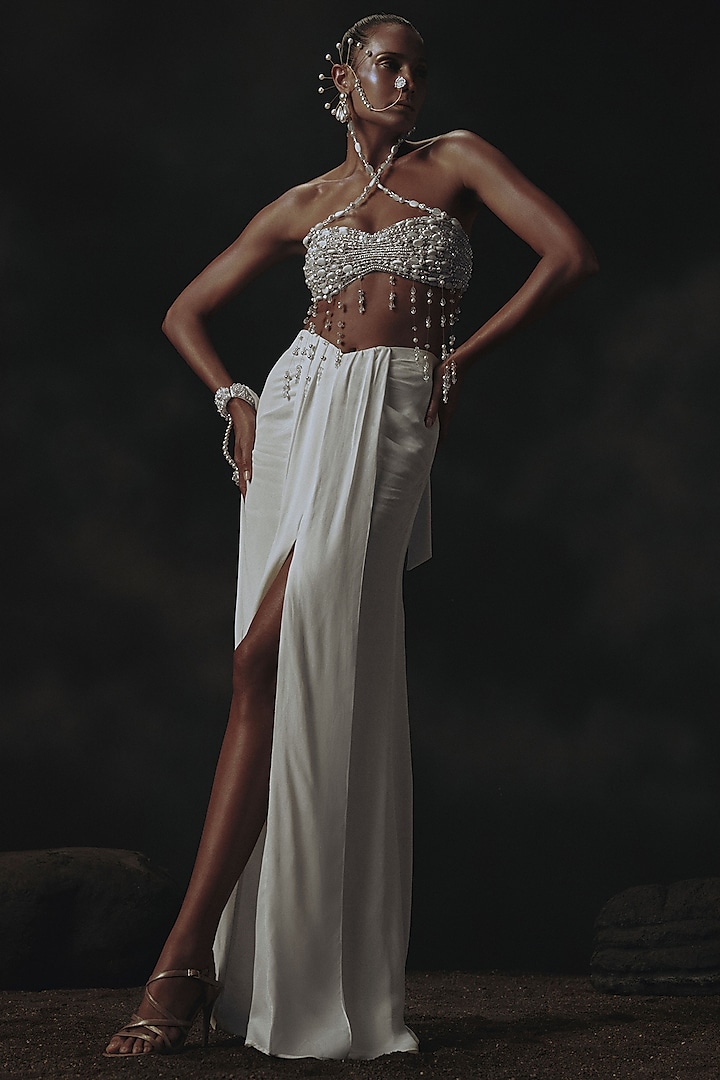 White Crepe Beads Embroidered Draped Skirt Set by Nikhil Thampi at Pernia's Pop Up Shop