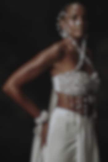 White Crepe Beads Embroidered Draped Skirt Set by Nikhil Thampi at Pernia's Pop Up Shop