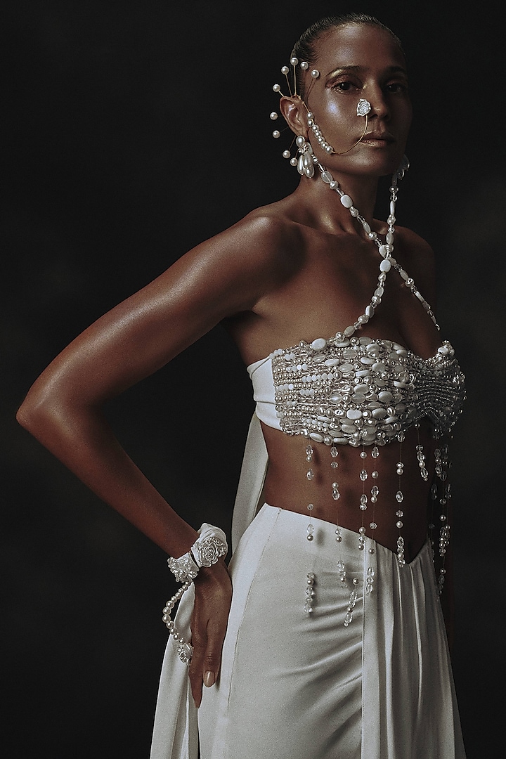 White Crepe Beads Embroidered Draped Skirt Set by Nikhil Thampi at Pernia's Pop Up Shop