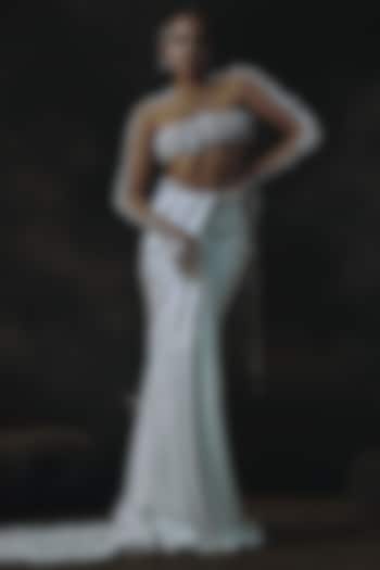 White Volvo & Net Embroidered Draped Skirt Set by Nikhil Thampi at Pernia's Pop Up Shop