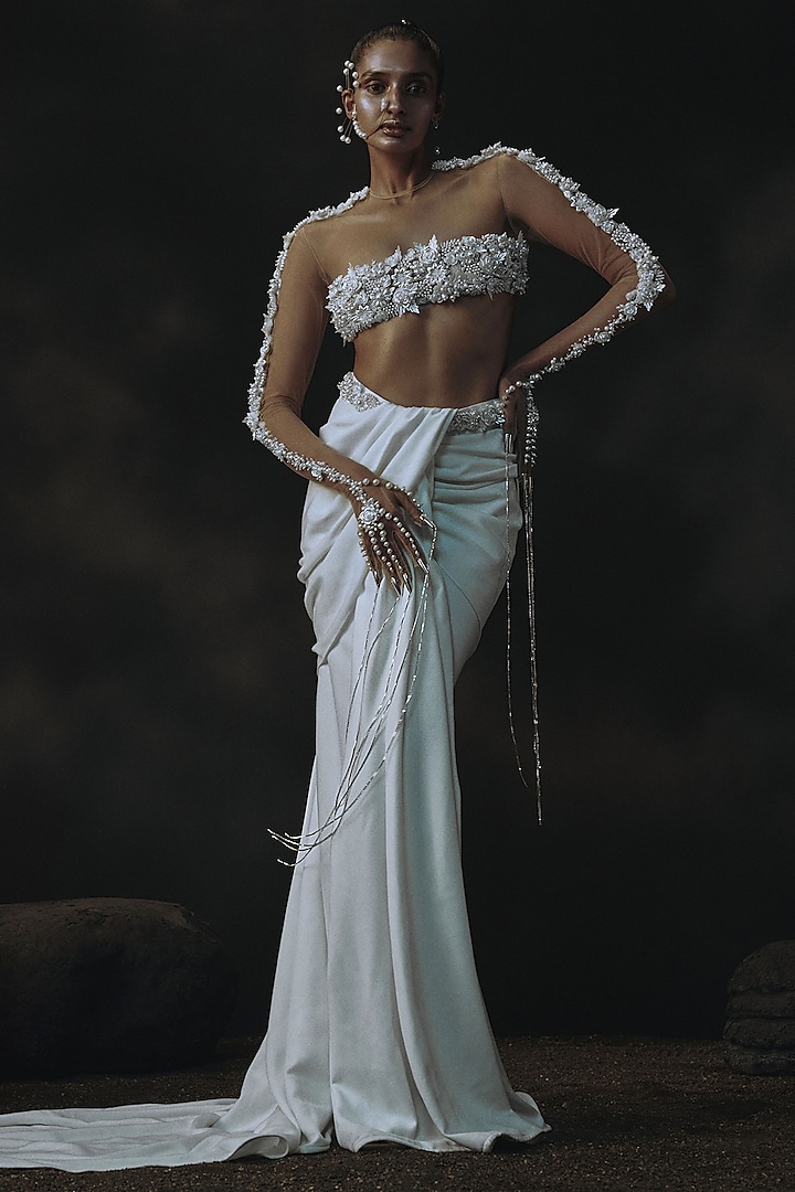 White Volvo & Net Embroidered Draped Skirt Set by Nikhil Thampi at Pernia's Pop Up Shop