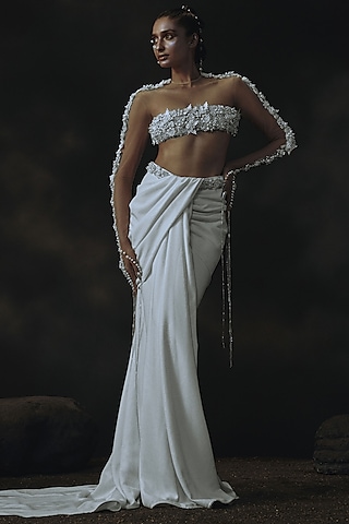 White Volvo & Net Embroidered Draped Skirt Set by Nikhil Thampi